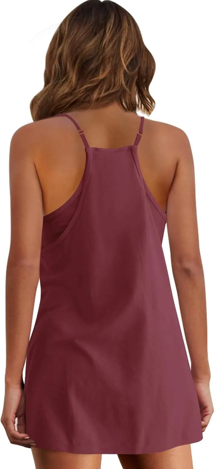 Panadila Womens Summer Sleeveless Mini Dress V Neck Spaghetti Strap Sundress Athletic Short Dress with Pockets