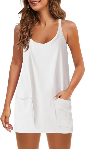 Panadila Womens Summer Sleeveless Mini Dress V Neck Spaghetti Strap Sundress Athletic Short Dress with Pockets