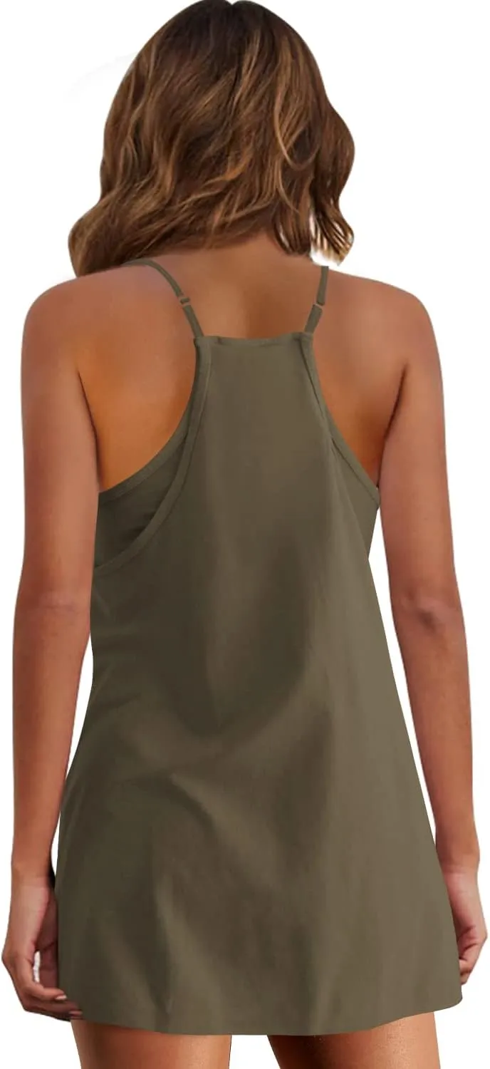 Panadila Womens Summer Sleeveless Mini Dress V Neck Spaghetti Strap Sundress Athletic Short Dress with Pockets
