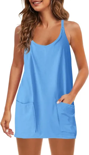Panadila Womens Summer Sleeveless Mini Dress V Neck Spaghetti Strap Sundress Athletic Short Dress with Pockets