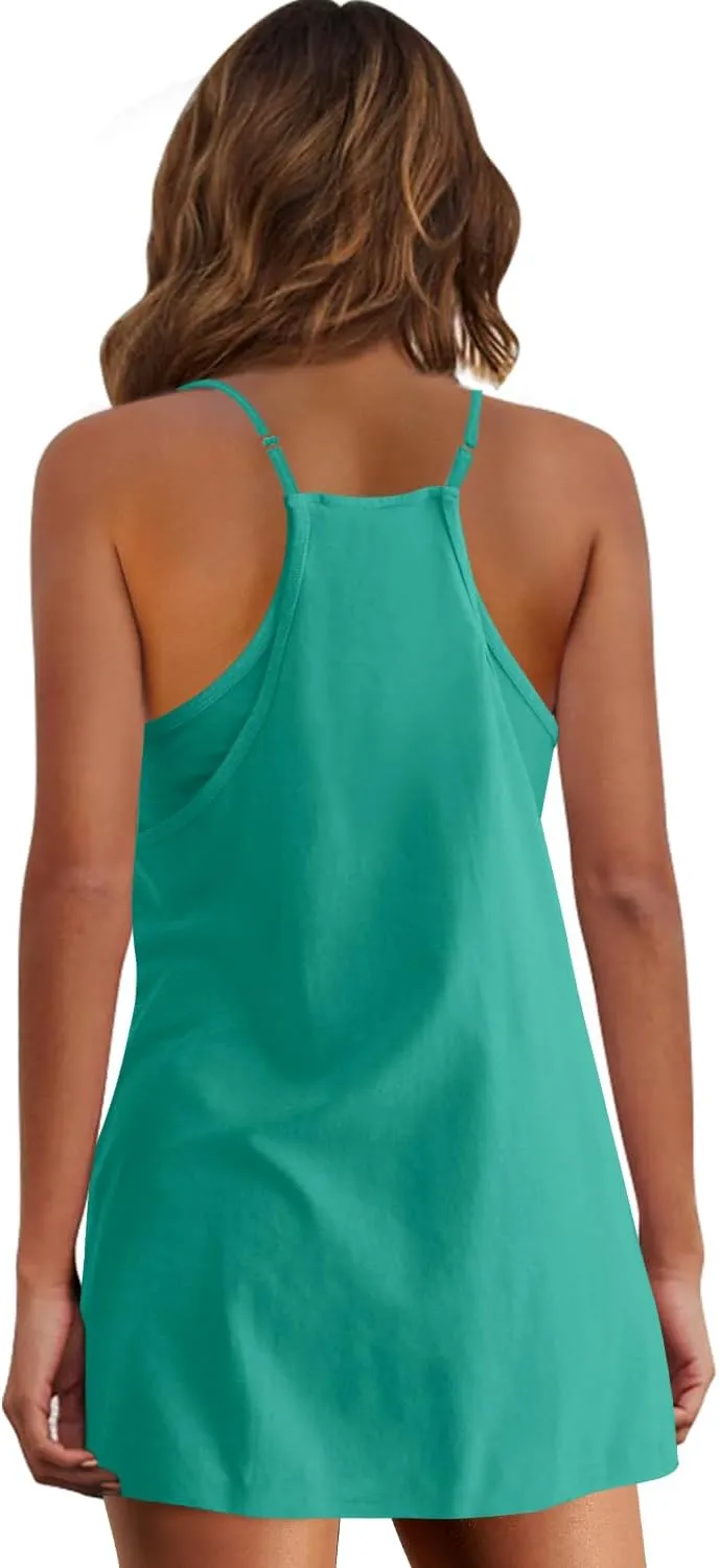Panadila Womens Summer Sleeveless Mini Dress V Neck Spaghetti Strap Sundress Athletic Short Dress with Pockets