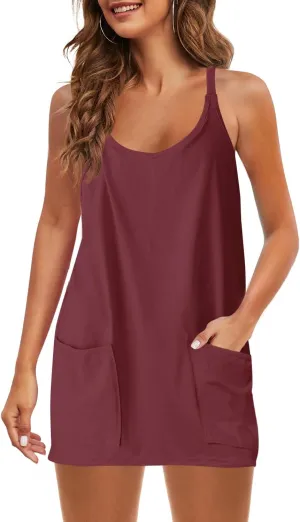 Panadila Womens Summer Sleeveless Mini Dress V Neck Spaghetti Strap Sundress Athletic Short Dress with Pockets