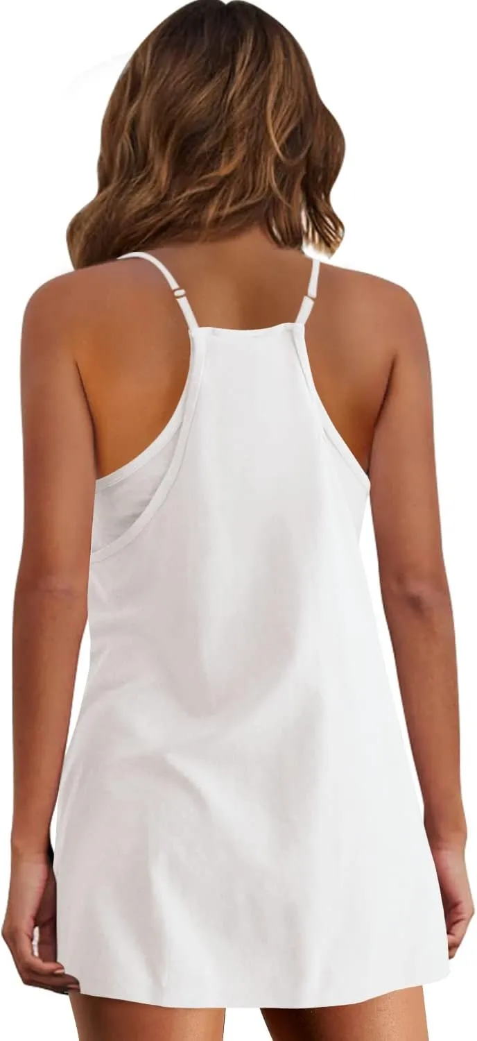 Panadila Womens Summer Sleeveless Mini Dress V Neck Spaghetti Strap Sundress Athletic Short Dress with Pockets