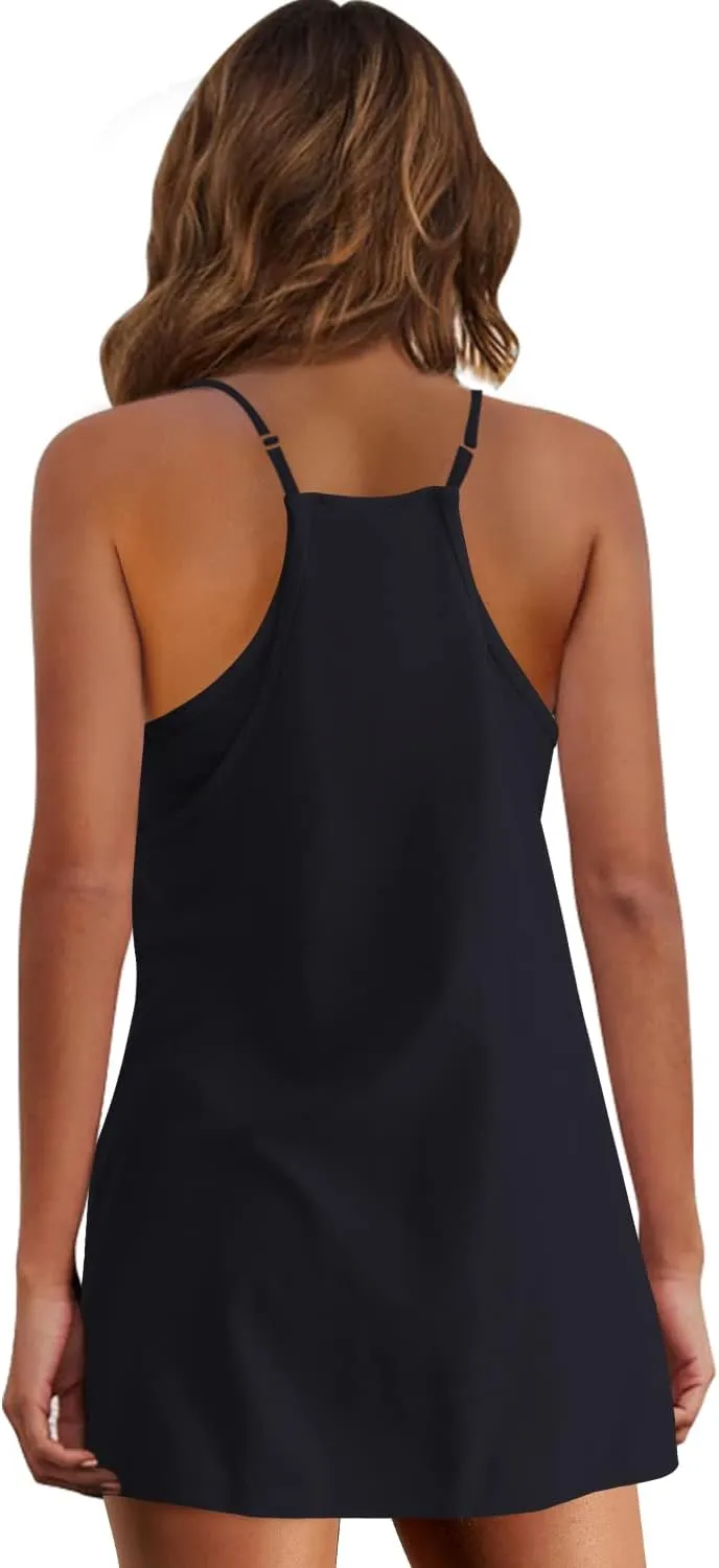 Panadila Womens Summer Sleeveless Mini Dress V Neck Spaghetti Strap Sundress Athletic Short Dress with Pockets