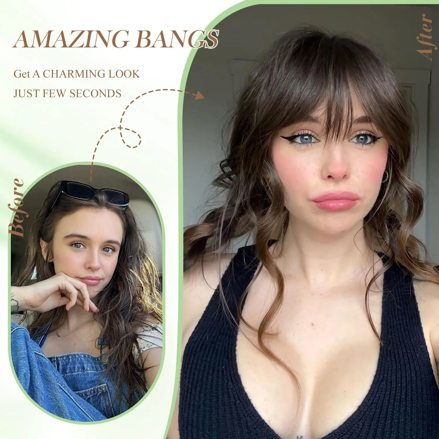 PANEWAY Clip in Bangs with Hair Topper 360° Cover Wavy Bangs Hair Clip on bangs for women Synthetic Hair Pieces Fluffy Fake Bangs for Daily Wear (Dark Brown)