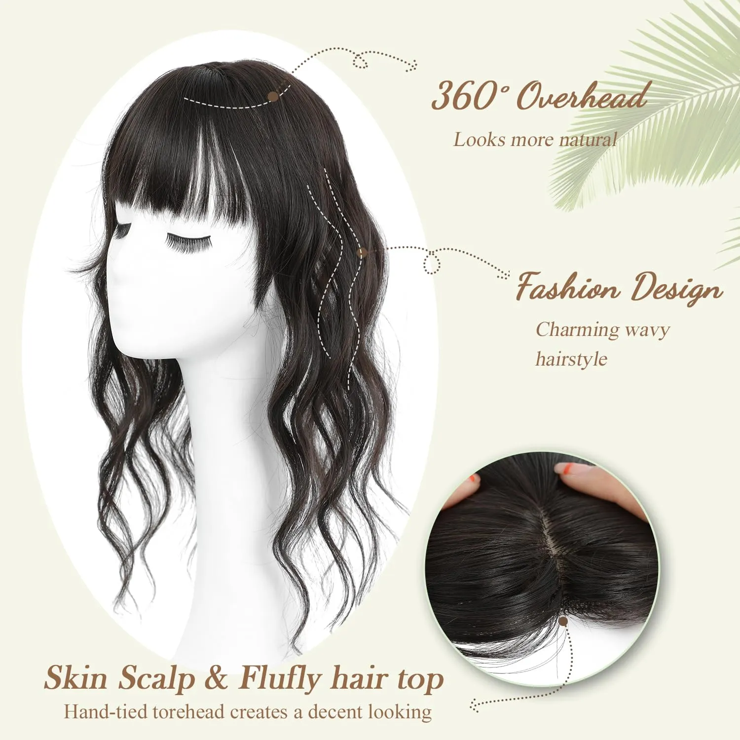 PANEWAY Clip in Bangs with Hair Topper 360° Cover Wavy Bangs Hair Clip on bangs for women Synthetic Hair Pieces Fluffy Fake Bangs for Daily Wear (Dark Brown)