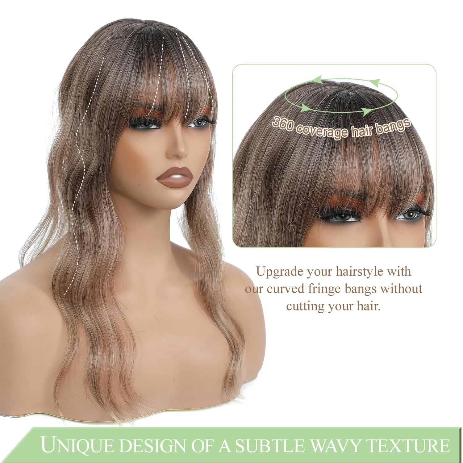 PANEWAY Hair Topper with Bangs 360 3D Cover Clip in Ombre Brown Wavy Human Hair Pieces for Women with Thinning Hair (2.5''x2''Base)