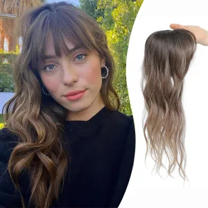 PANEWAY Hair Topper with Bangs 360 3D Cover Clip in Ombre Brown Wavy Human Hair Pieces for Women with Thinning Hair (2.5''x2''Base)