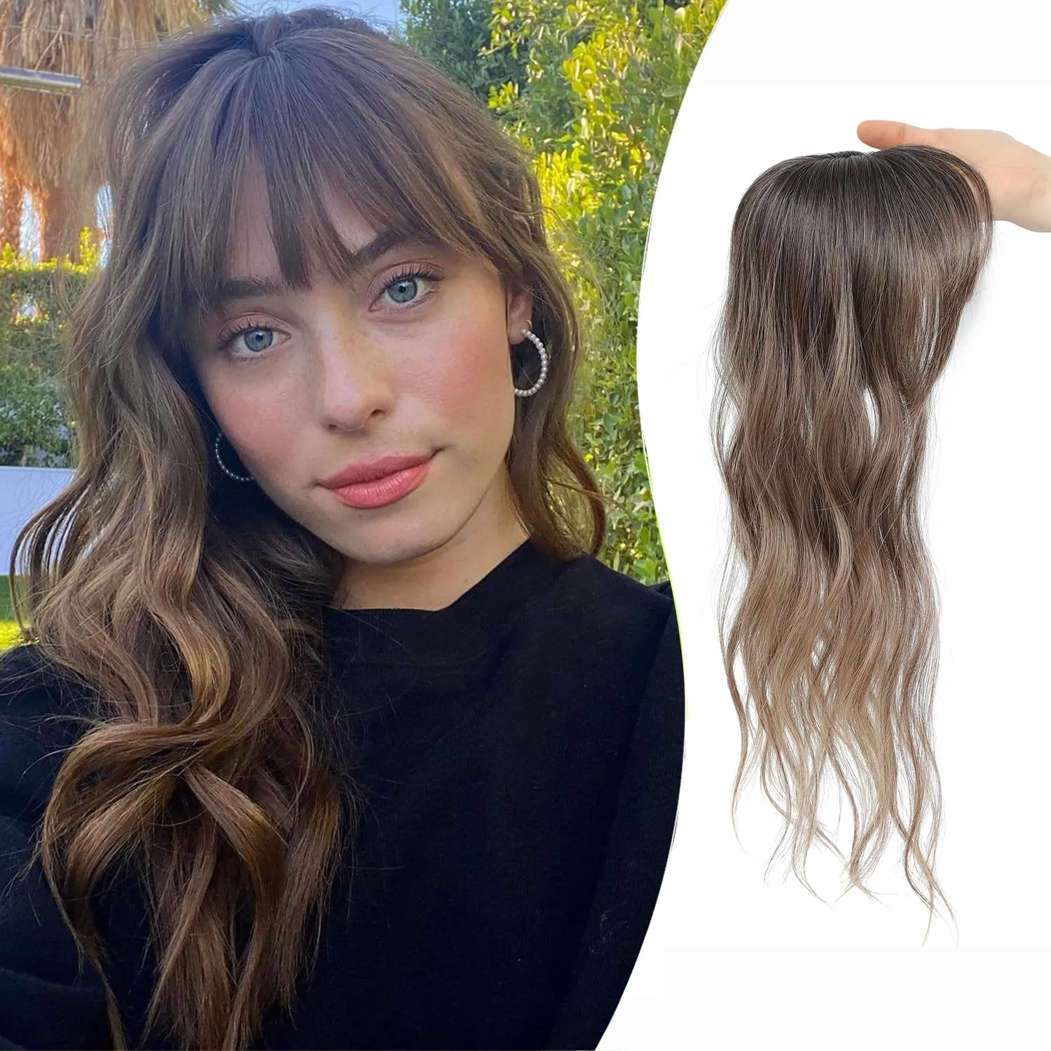 PANEWAY Hair Topper with Bangs 360 3D Cover Clip in Ombre Brown Wavy Human Hair Pieces for Women with Thinning Hair (2.5''x2''Base)