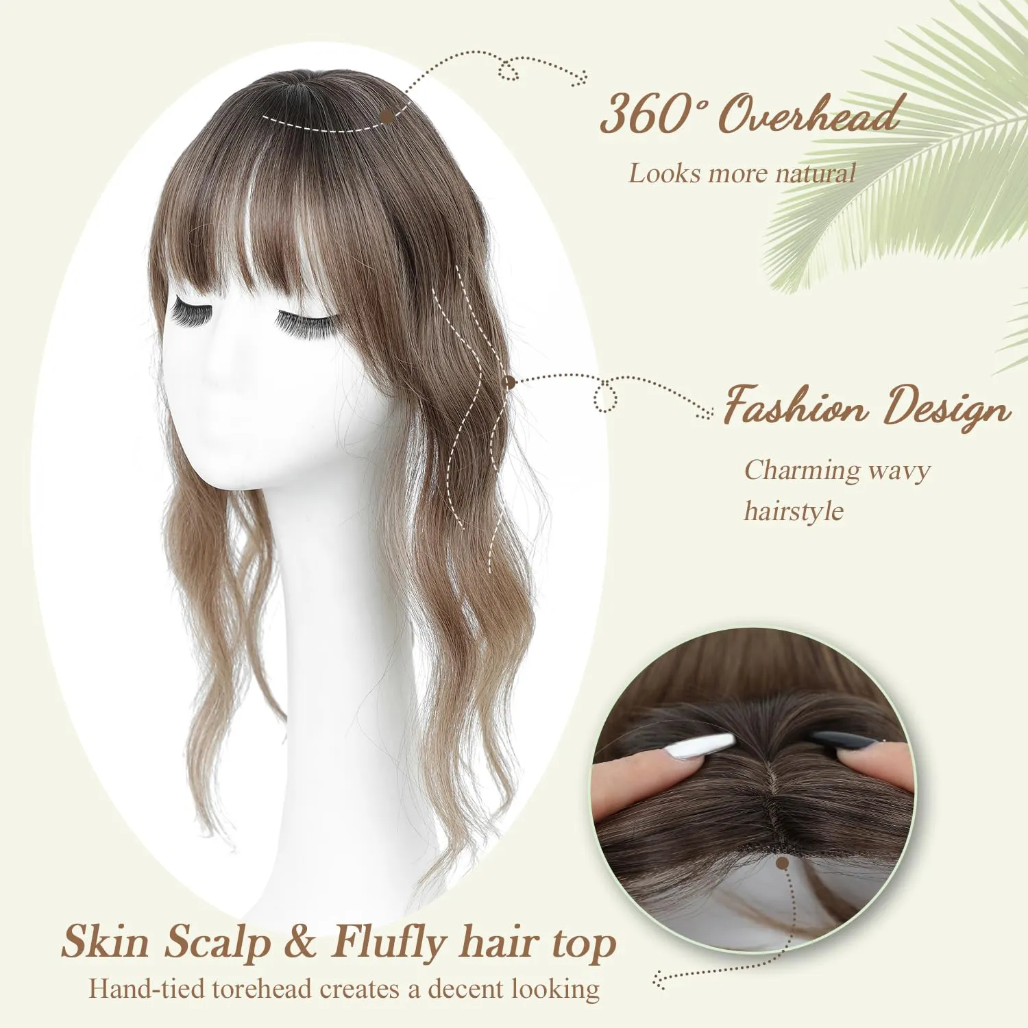 PANEWAY Hair Topper with Bangs 360 3D Cover Clip in Ombre Brown Wavy Human Hair Pieces for Women with Thinning Hair (2.5''x2''Base)