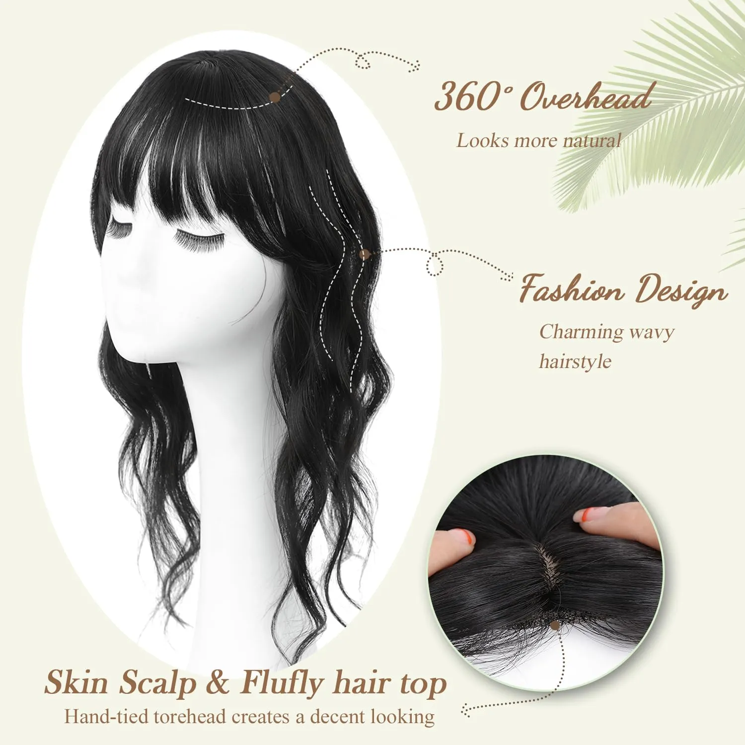 PANEWAY Hair Topper with Bangs Hair Clip 360° 3D Cover Clip in Bangs Natural Black Wavy Fake Bangs Hair Toppers for Women with Thinning Hair Synthetic Hair Pieces For Women