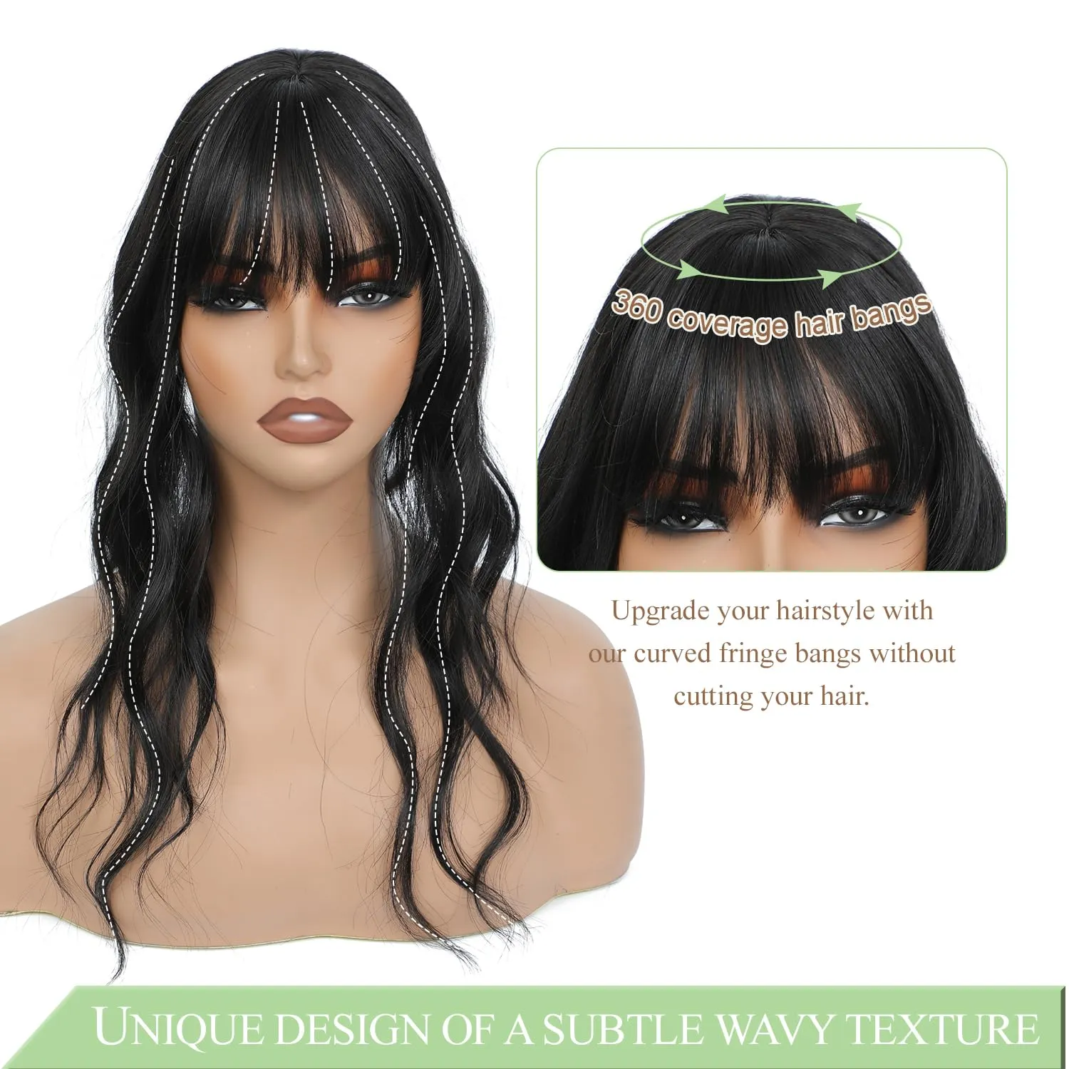 PANEWAY Hair Topper with Bangs Hair Clip 360° 3D Cover Clip in Bangs Natural Black Wavy Fake Bangs Hair Toppers for Women with Thinning Hair Synthetic Hair Pieces For Women