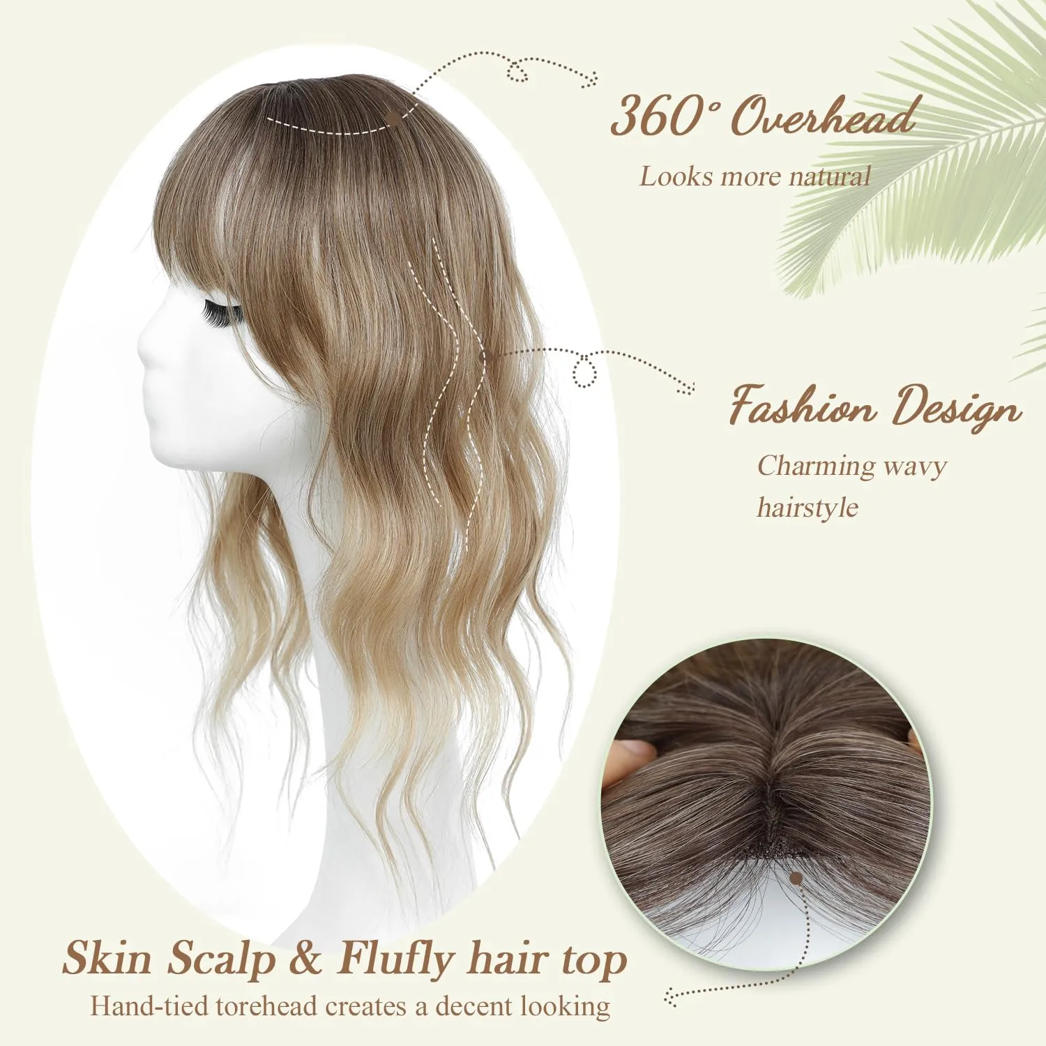 PANEWAY Hair Topper with Bangs Hair Clip 360° 3D Cover Clip in Bangs Ombre Dark Blonde Wavy Fake Bangs Hair Toppers for Women with Thinning Hair Synthetic Hair Pieces For Women (2.5''x2''Base)