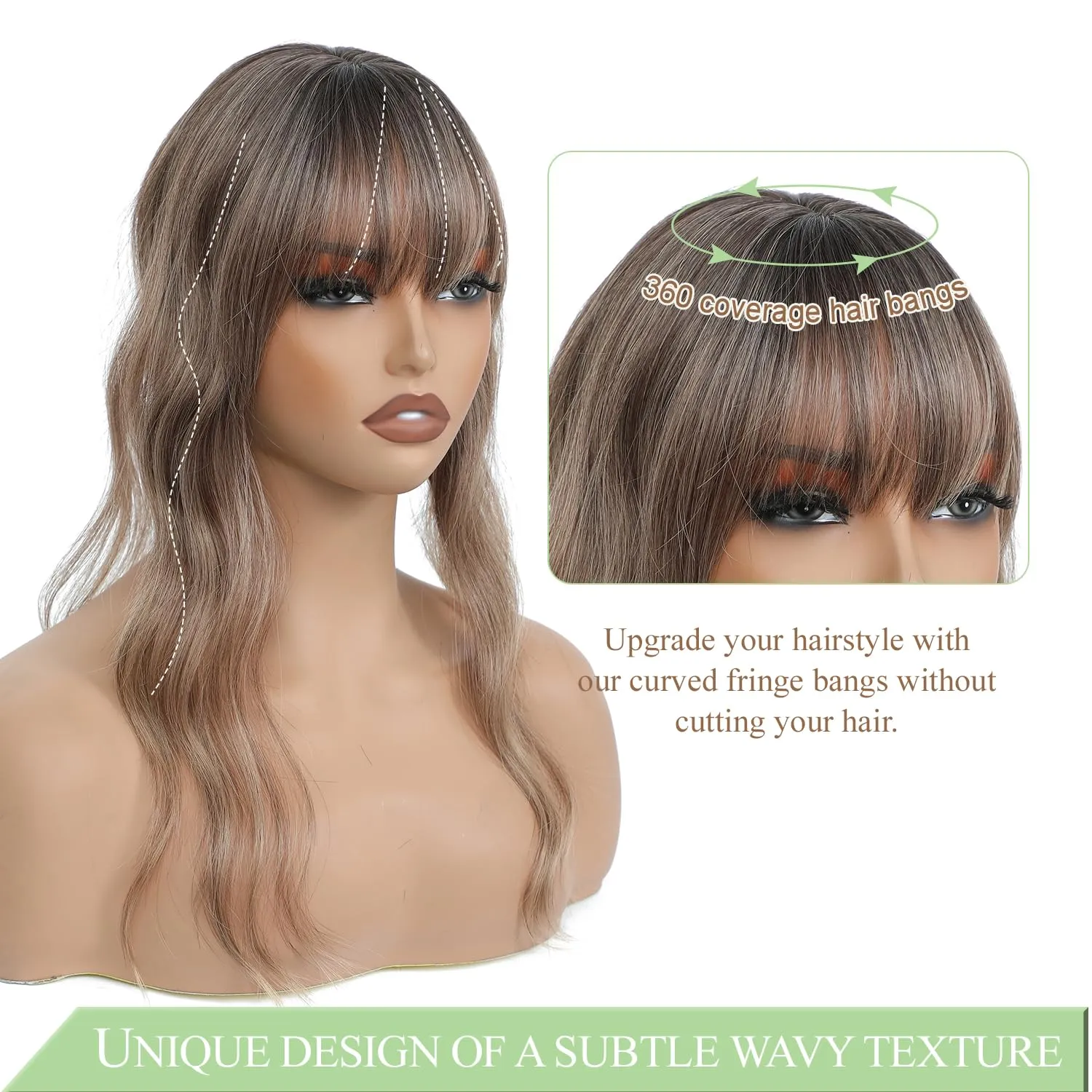 PANEWAY Hair Topper with Bangs Hair Clip 360° 3D Cover Clip in Bangs Ombre Dark Blonde Wavy Fake Bangs Hair Toppers for Women with Thinning Hair Synthetic Hair Pieces For Women (2.5''x2''Base)