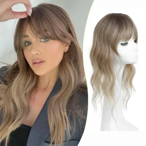 PANEWAY Hair Topper with Bangs Hair Clip 360° 3D Cover Clip in Bangs Ombre Dark Blonde Wavy Fake Bangs Hair Toppers for Women with Thinning Hair Synthetic Hair Pieces For Women (2.5''x2''Base)