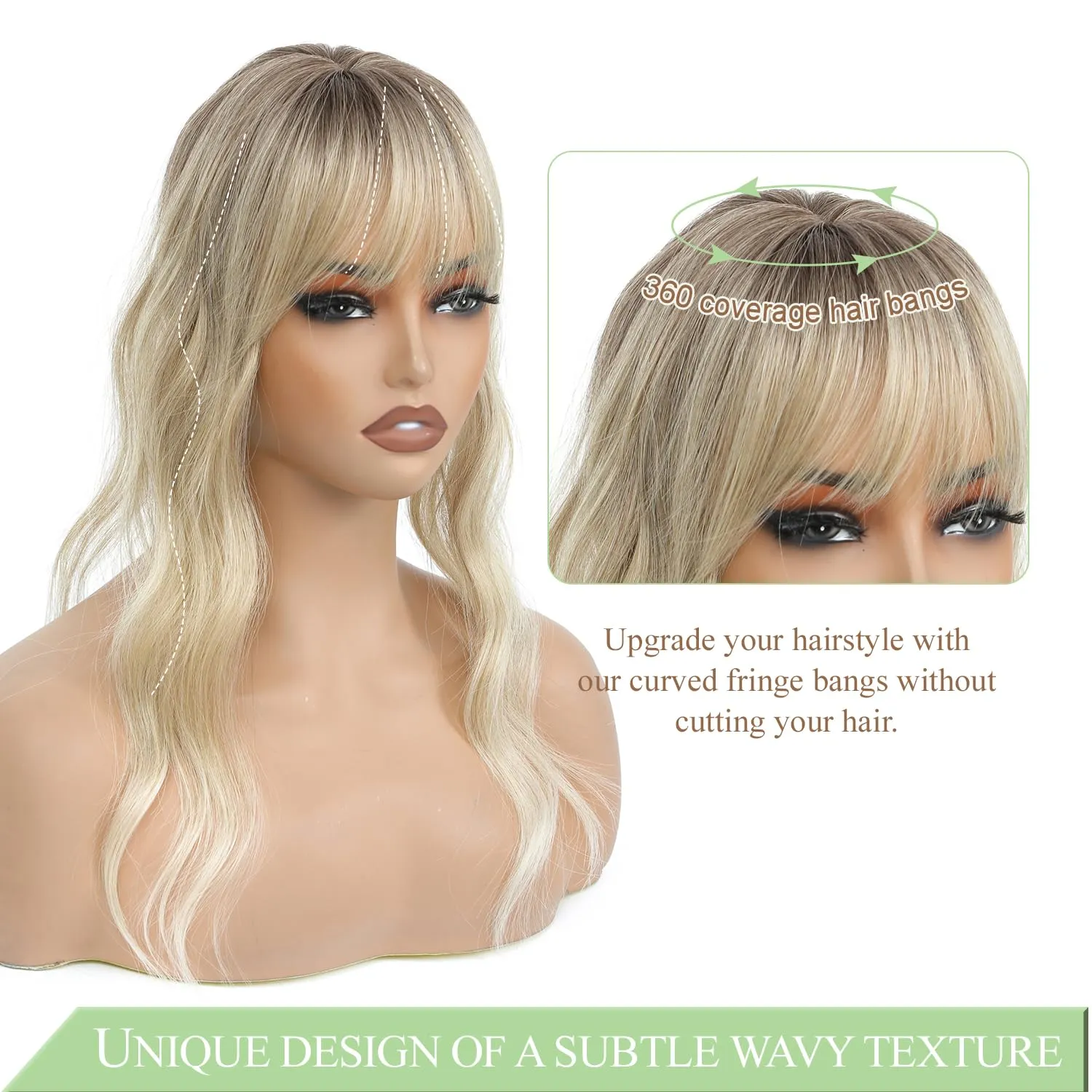 PANEWAY Mini Base Hair Topper with 360° Cover Wavy Bangs Hair Clip on bangs for women Synthetic Hair Pieces Fluffy Fake Bangs for Daily Wear (2.5"x2"Base)
