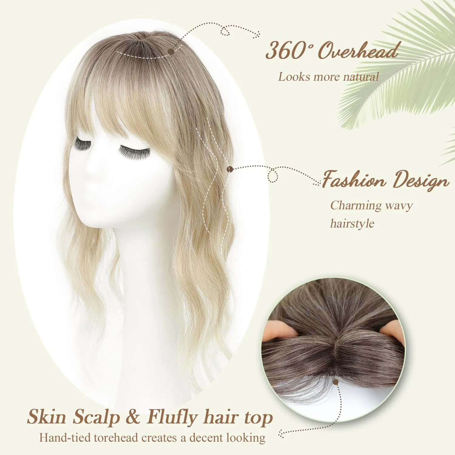PANEWAY Mini Base Hair Topper with 360° Cover Wavy Bangs Hair Clip on bangs for women Synthetic Hair Pieces Fluffy Fake Bangs for Daily Wear (2.5"x2"Base)