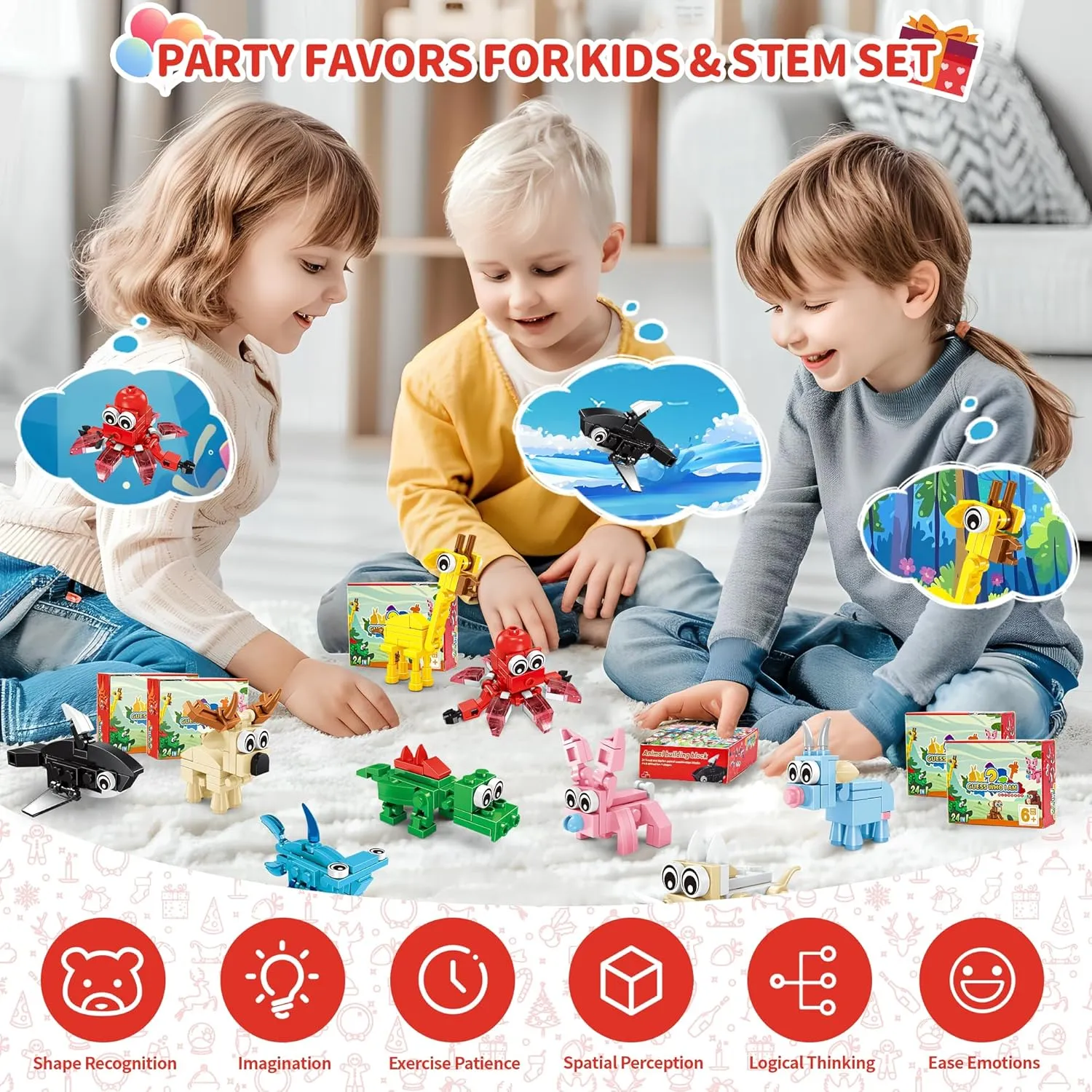 Party Favors for Kids - 24 Pack 72 Kinds of Animals Building Block Toy Stocking Stuffers Classroom Prizes Goodie Bags Easter Gifts Building Set, Christmas Birthday Gift for Boys Girls Ages 6-12 