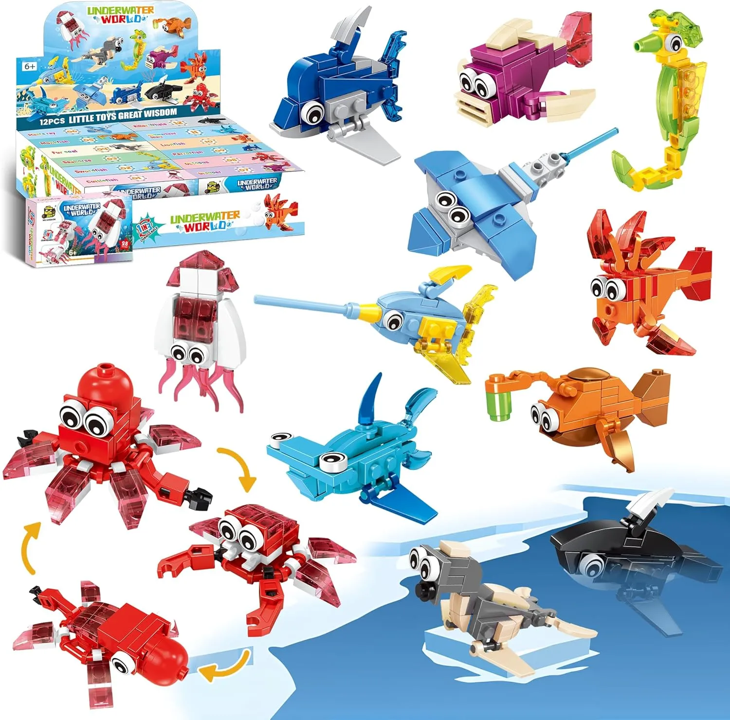 Party Favors for Kids Building Set, 12 Pack 36 Kinds of Marine Animals Building Block Toy Stocking Stuffers Classroom Prizes Goodie Bags Easter Gifts, Christmas Birthday Gift for Boys Girls Ages 6-12 