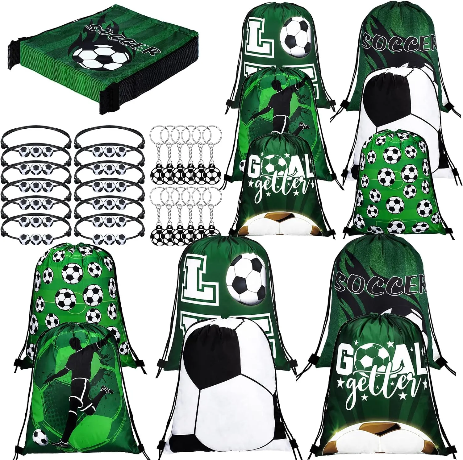 Patelai 36 Pcs Sport Party Favors 12 Drawstring Gift Bags Goodie Treat Candy Bag 12 Adjustable Bracelets 12 Keychains for Birthday Party Supplies Decorations(Soccer)
