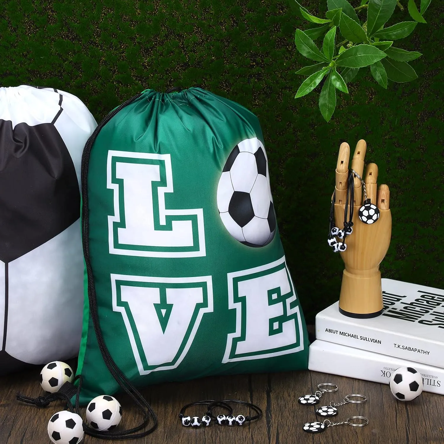 Patelai 36 Pcs Sport Party Favors 12 Drawstring Gift Bags Goodie Treat Candy Bag 12 Adjustable Bracelets 12 Keychains for Birthday Party Supplies Decorations(Soccer)