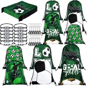 Patelai 36 Pcs Sport Party Favors 12 Drawstring Gift Bags Goodie Treat Candy Bag 12 Adjustable Bracelets 12 Keychains for Birthday Party Supplies Decorations(Soccer)