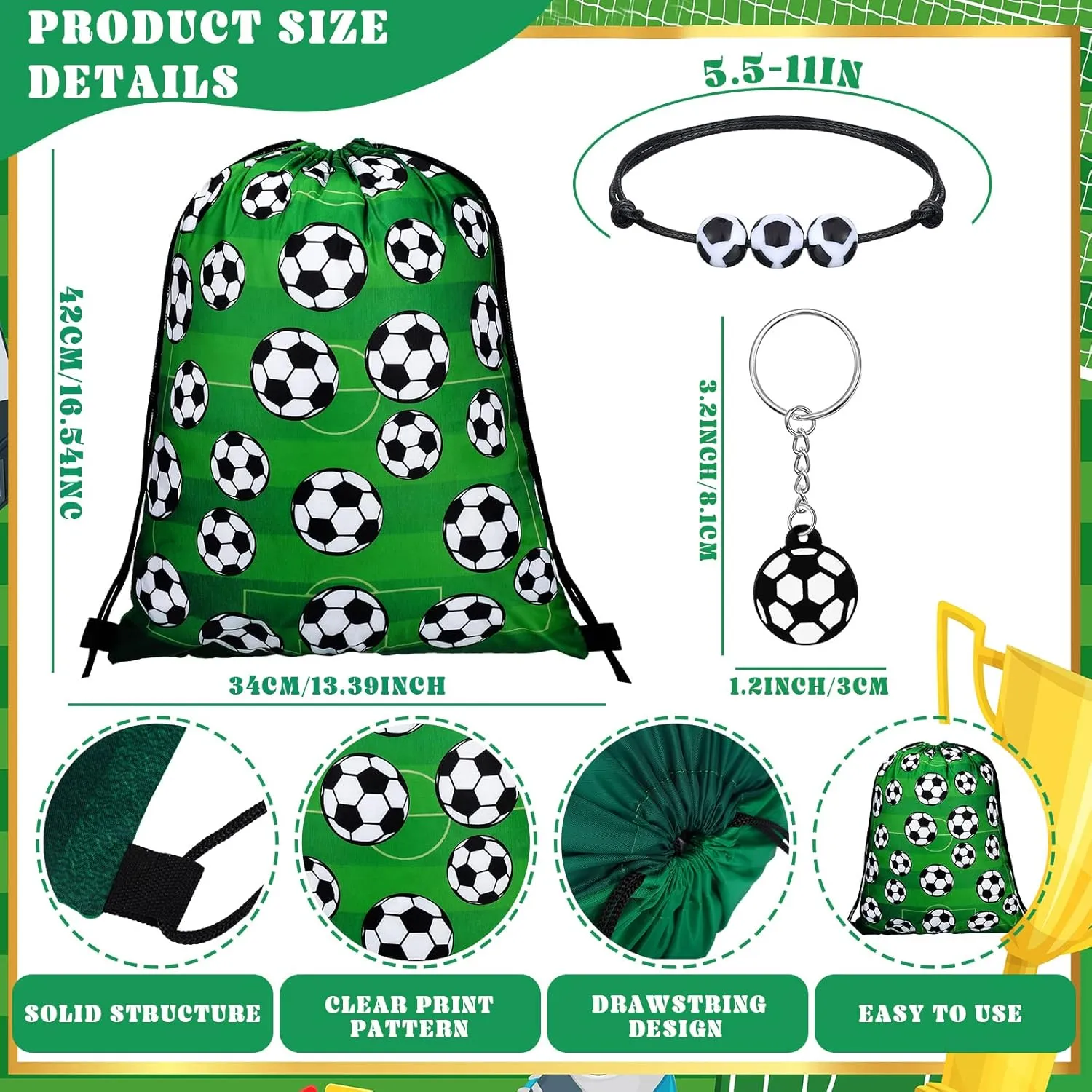 Patelai 36 Pcs Sport Party Favors 12 Drawstring Gift Bags Goodie Treat Candy Bag 12 Adjustable Bracelets 12 Keychains for Birthday Party Supplies Decorations(Soccer)