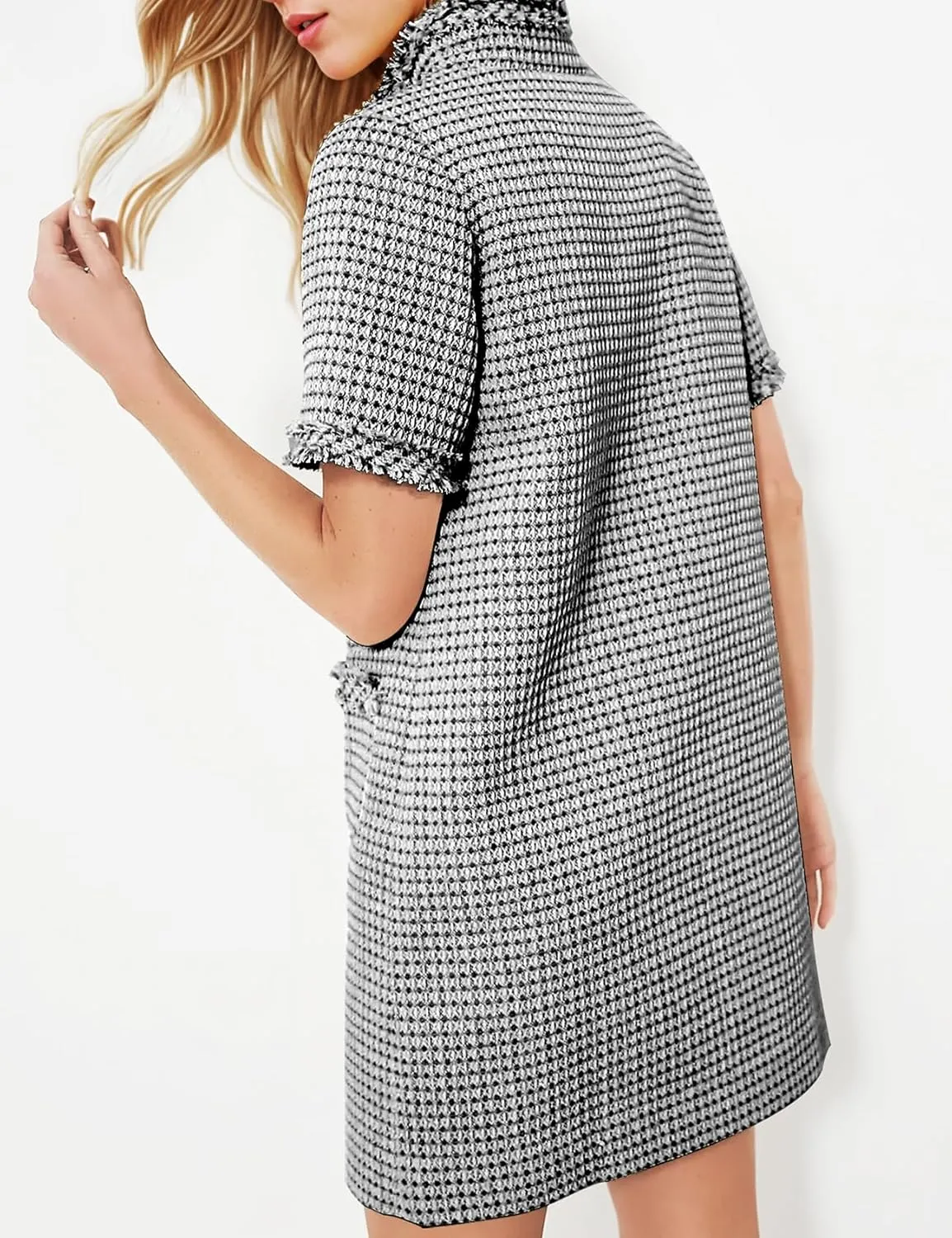PEHMEA Women's Tweed Dress, Short Sleeve Straight Tube Mini Dress with Pockets for Business Party Work