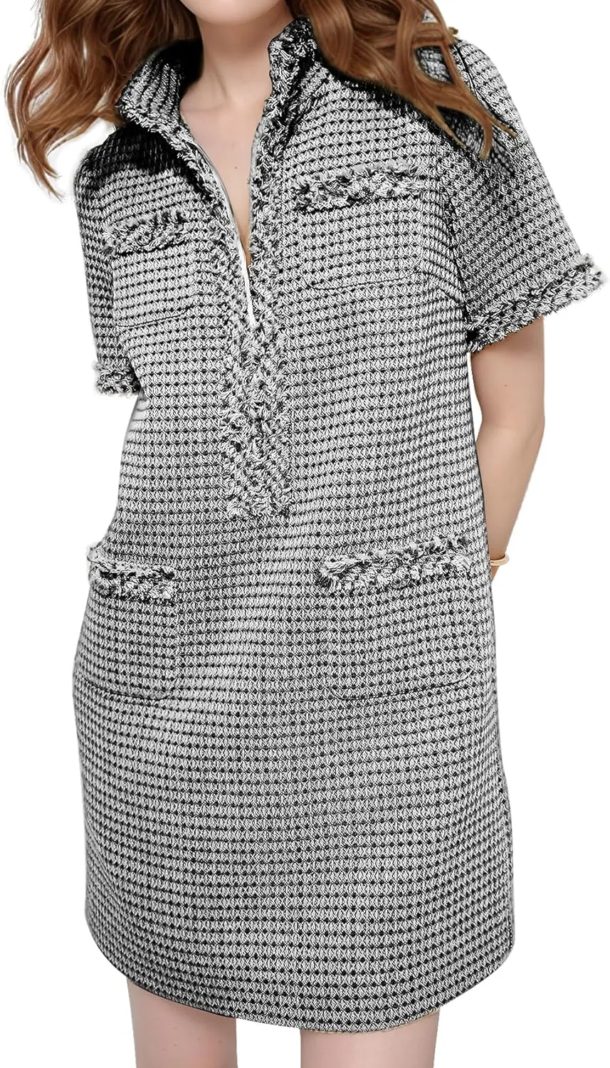 PEHMEA Women's Tweed Dress, Short Sleeve Straight Tube Mini Dress with Pockets for Business Party Work
