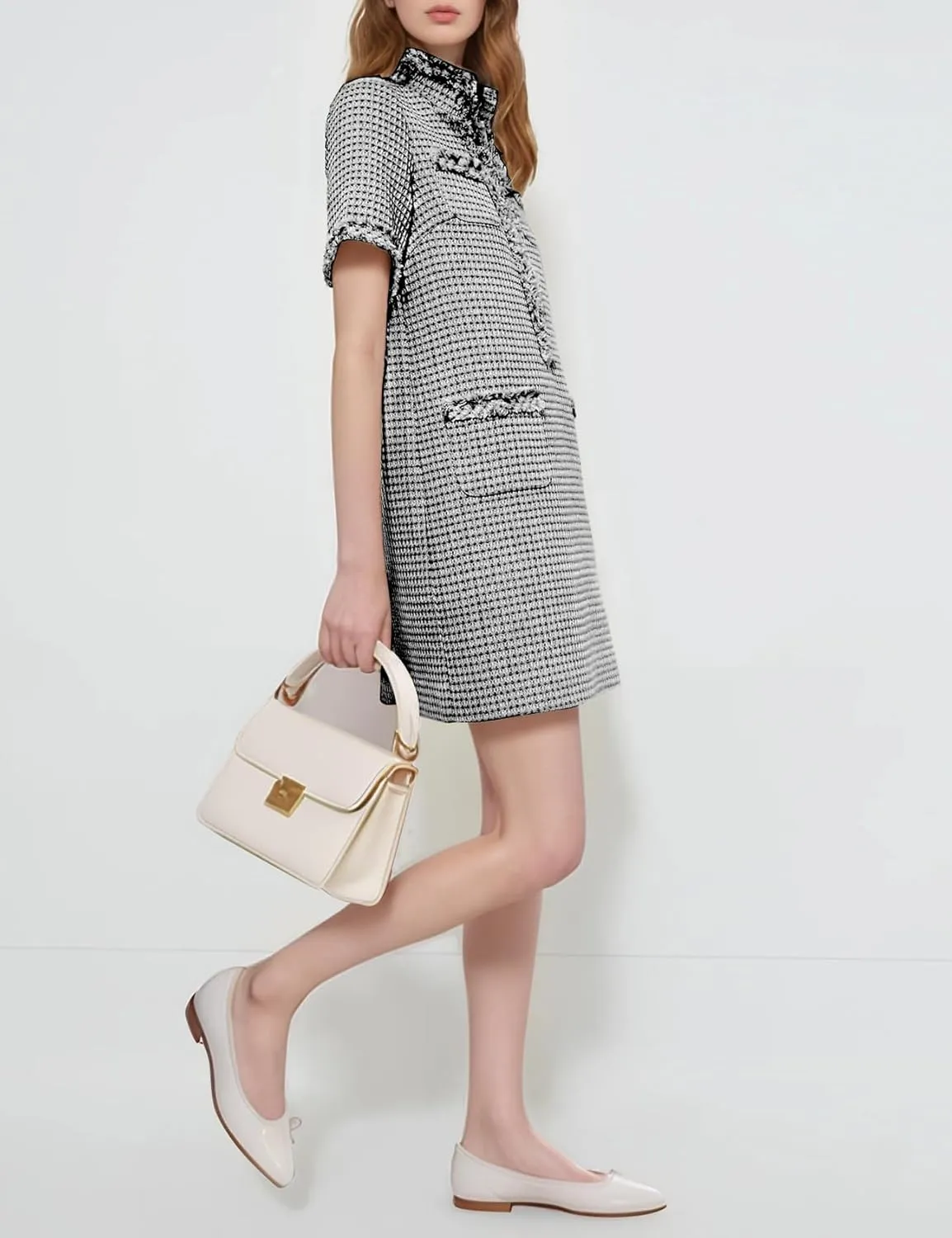 PEHMEA Women's Tweed Dress, Short Sleeve Straight Tube Mini Dress with Pockets for Business Party Work