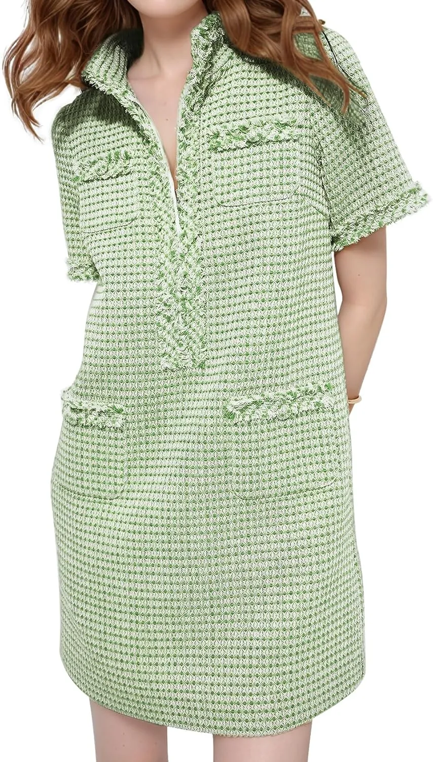 PEHMEA Women's Tweed Dress, Short Sleeve Straight Tube Mini Dress with Pockets for Business Party Work