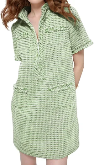 PEHMEA Women's Tweed Dress, Short Sleeve Straight Tube Mini Dress with Pockets for Business Party Work