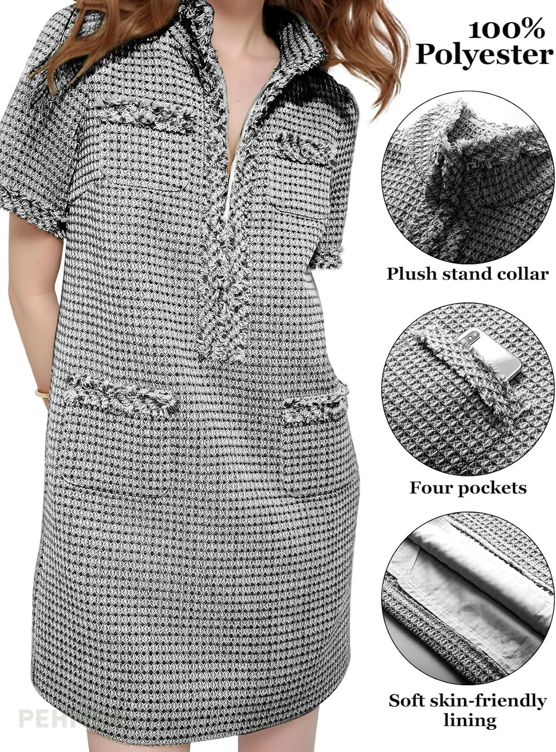 PEHMEA Women's Tweed Dress, Short Sleeve Straight Tube Mini Dress with Pockets for Business Party Work
