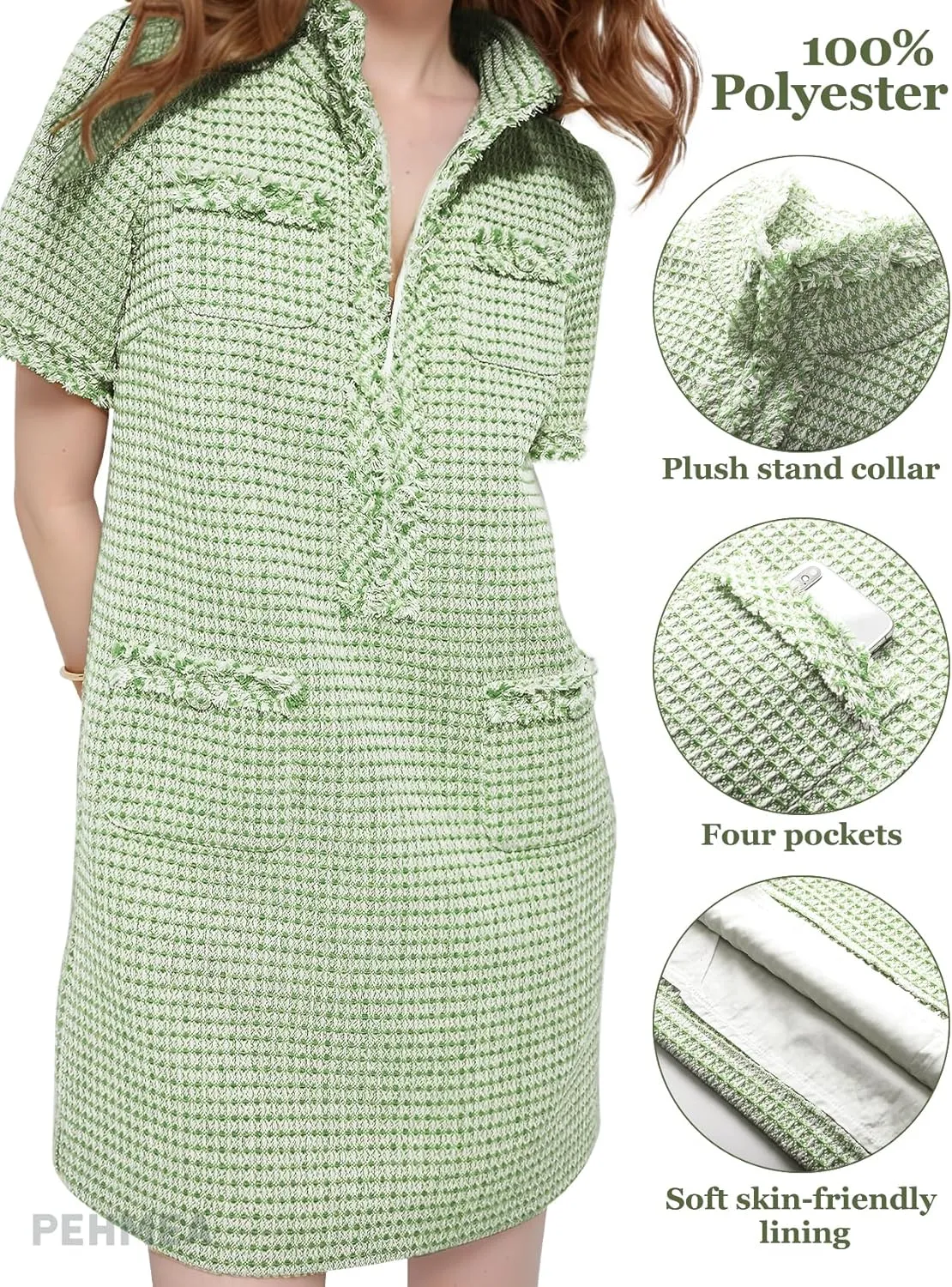 PEHMEA Women's Tweed Dress, Short Sleeve Straight Tube Mini Dress with Pockets for Business Party Work