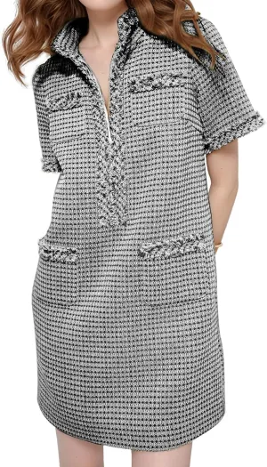 PEHMEA Women's Tweed Dress, Short Sleeve Straight Tube Mini Dress with Pockets for Business Party Work