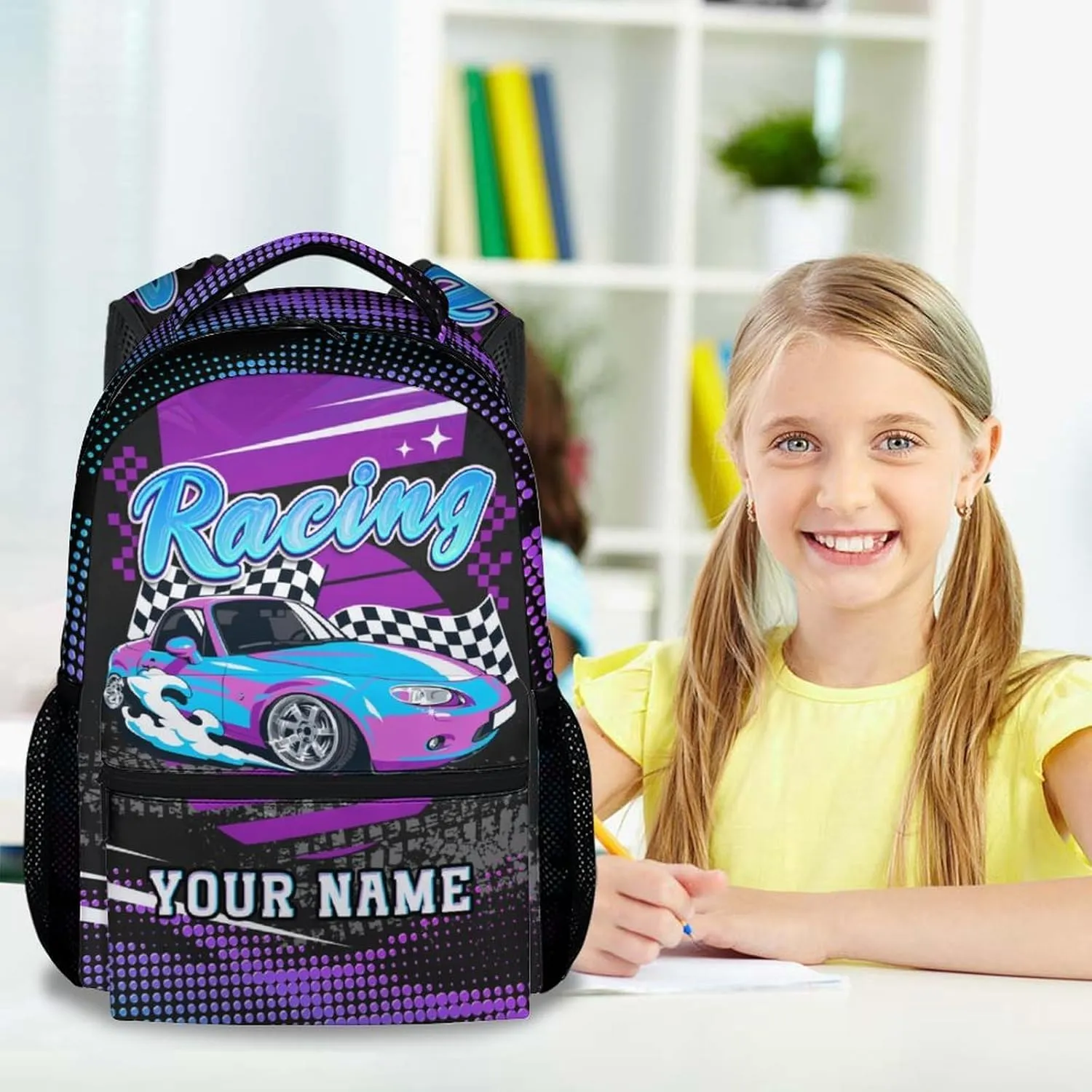 Personalized Car Backpack for School - 17 Inches Custom Kids Backpacks for Kids - Cool Colorful Bookbag for Middle School