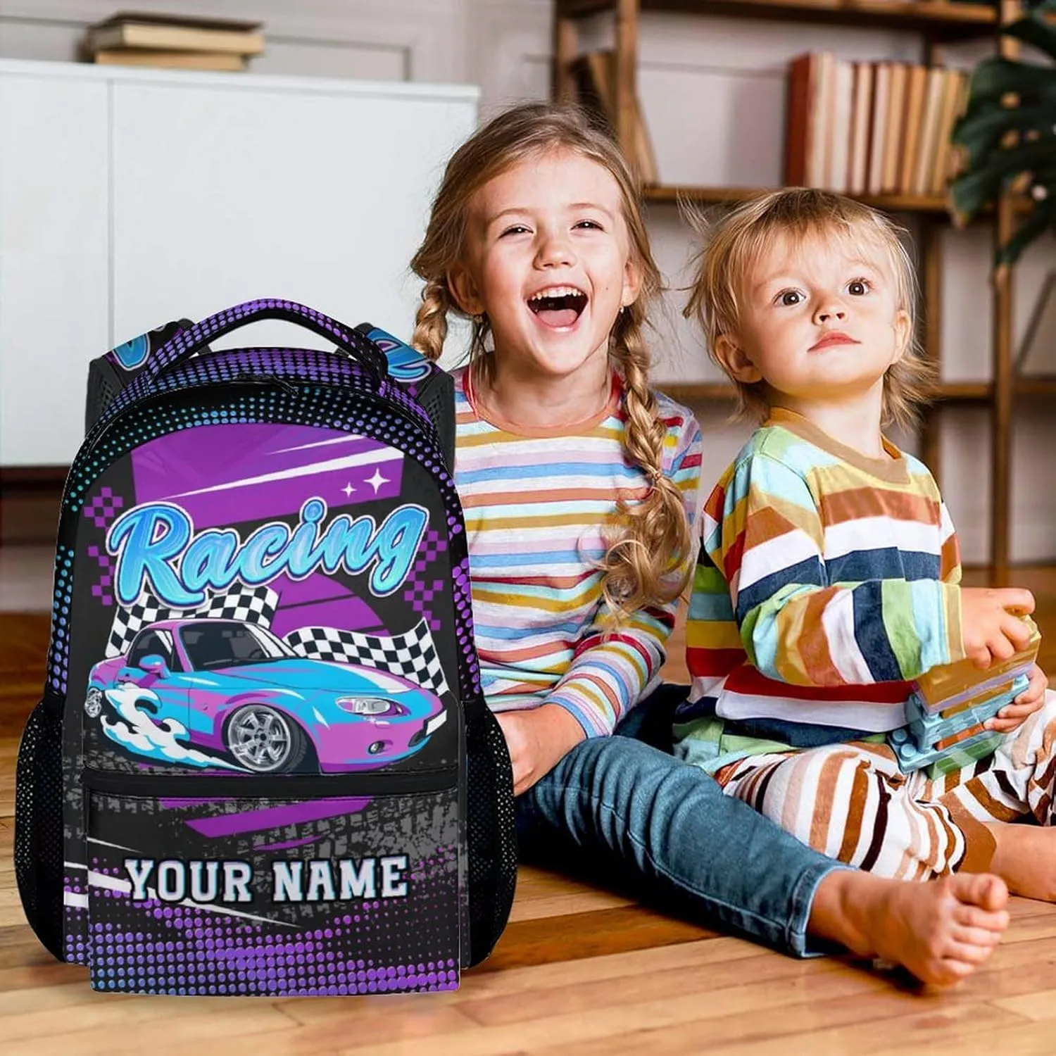 Personalized Car Backpack for School - 17 Inches Custom Kids Backpacks for Kids - Cool Colorful Bookbag for Middle School