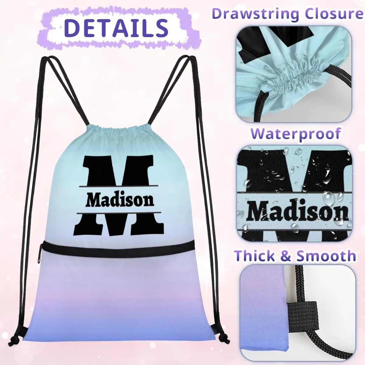 Personalized Drawstring Backpack With Your Name Logo Picture Custom Cheer bag Dance Sports Gym for Girls Waterproof Competition Bag