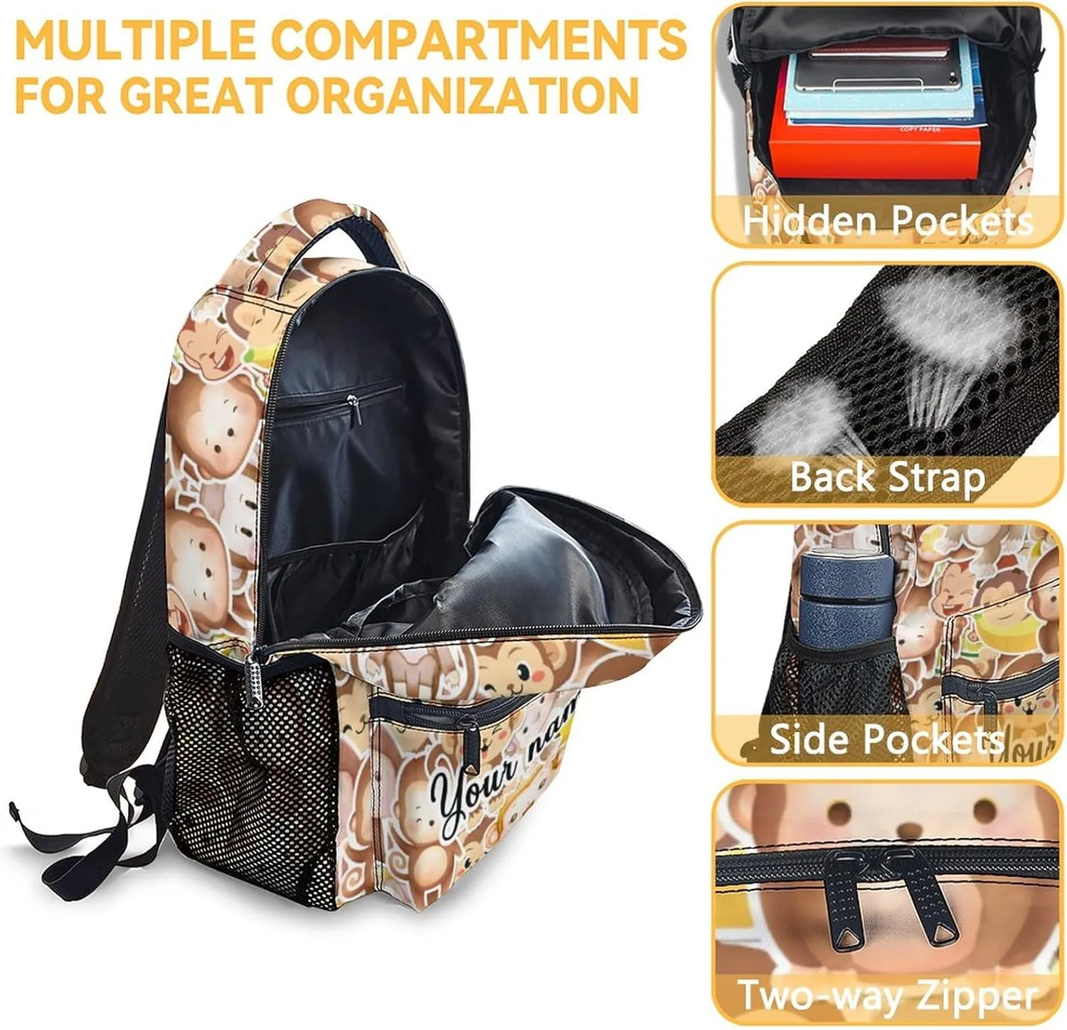 Personalized Monkey Backpack with Lunch Box Set for Girls Boys, 3 in 1 School Backpacks Matching Combo, Cartoon Brown Bookbag and Pencil Case Bundle