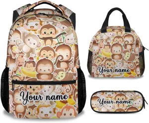 Personalized Monkey Backpack with Lunch Box Set for Girls Boys, 3 in 1 School Backpacks Matching Combo, Cartoon Brown Bookbag and Pencil Case Bundle
