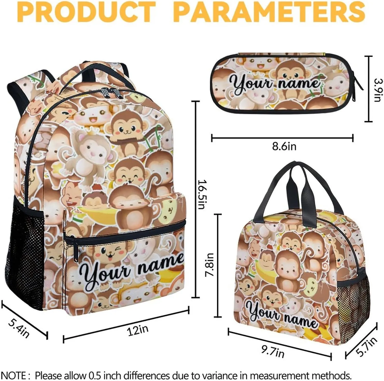 Personalized Monkey Backpack with Lunch Box Set for Girls Boys, 3 in 1 School Backpacks Matching Combo, Cartoon Brown Bookbag and Pencil Case Bundle