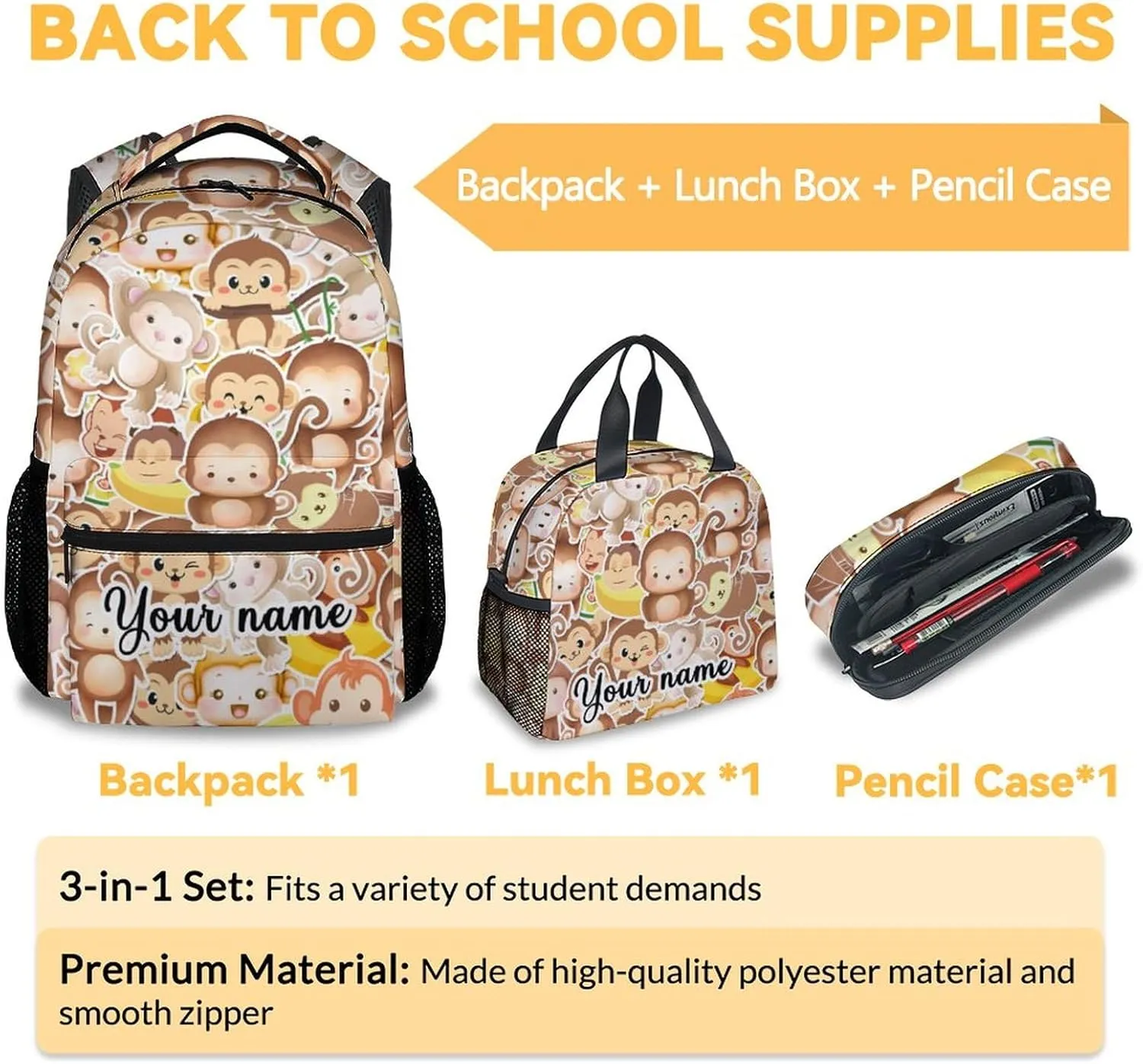 Personalized Monkey Backpack with Lunch Box Set for Girls Boys, 3 in 1 School Backpacks Matching Combo, Cartoon Brown Bookbag and Pencil Case Bundle