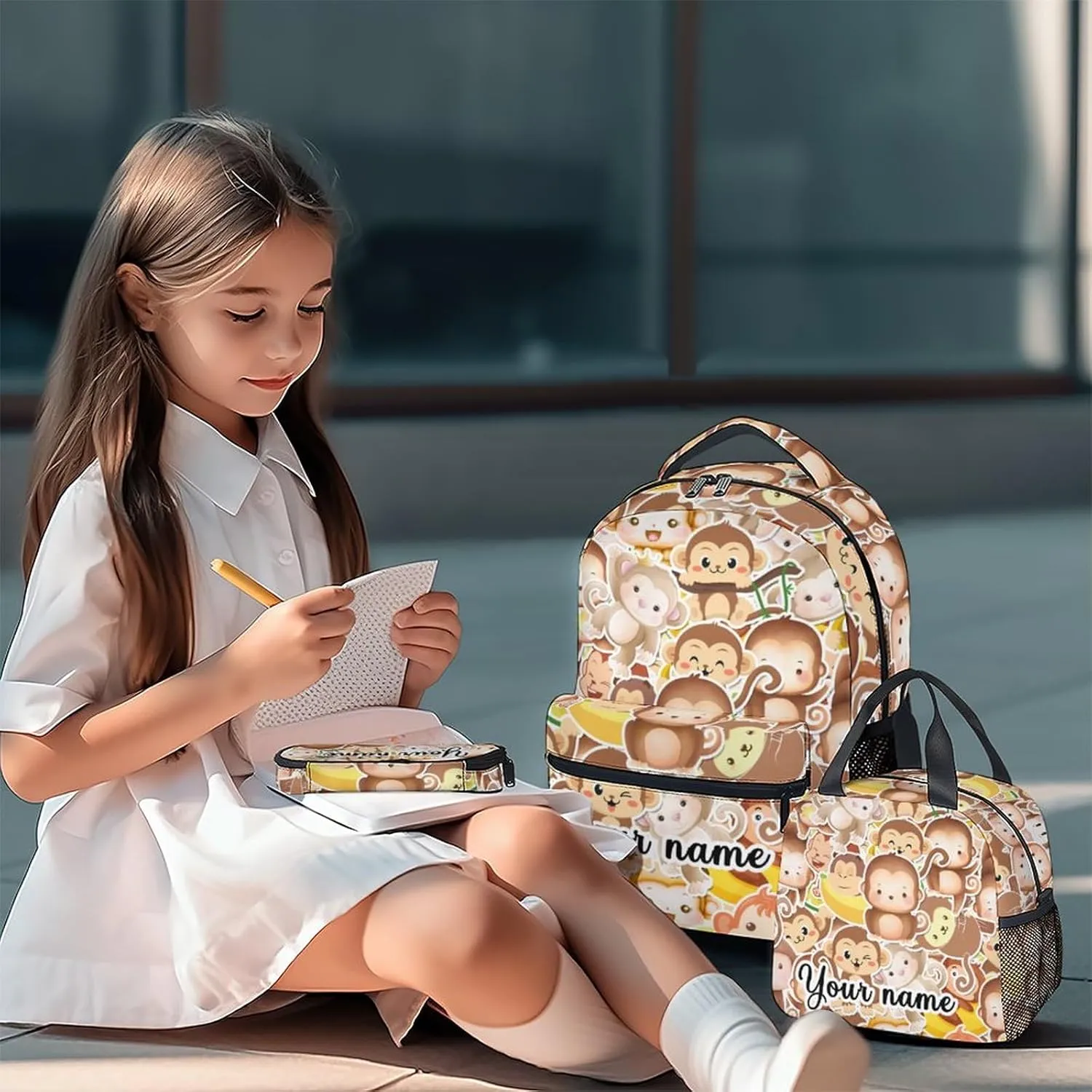 Personalized Monkey Backpack with Lunch Box Set for Girls Boys, 3 in 1 School Backpacks Matching Combo, Cartoon Brown Bookbag and Pencil Case Bundle