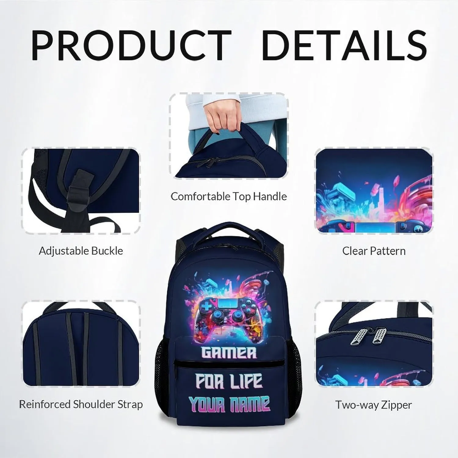 Personalized School Backpack for Boys - 17 Inch Large Capacity Aesthetic Kid Backpack - Colorful Durable Gamer Bookbag for School, Travel and Camp