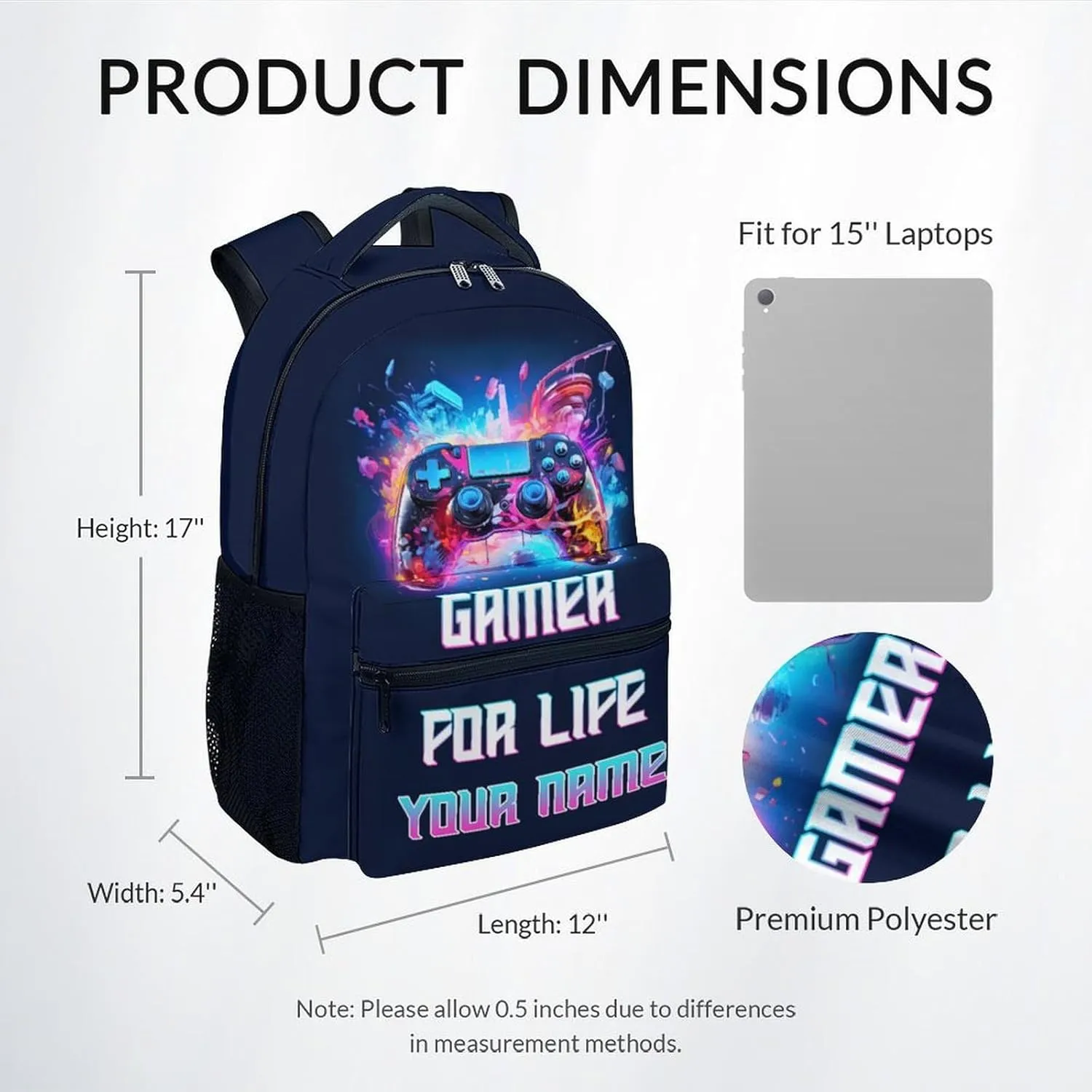 Personalized School Backpack for Boys - 17 Inch Large Capacity Aesthetic Kid Backpack - Colorful Durable Gamer Bookbag for School, Travel and Camp