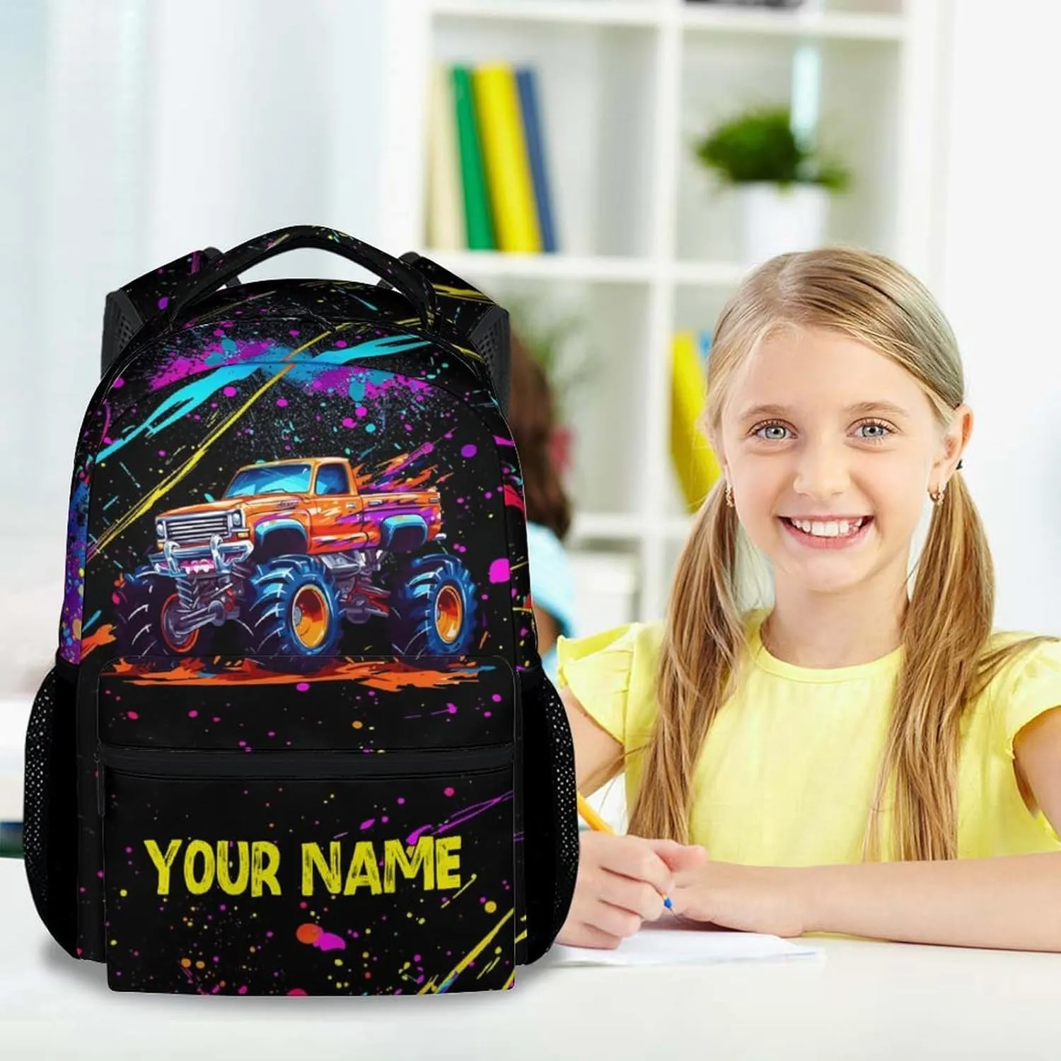 Personalized Truck Backpack for Teens, 17 Inch Colorful Backpacks for Primary School, Durable Bookbag for Kids