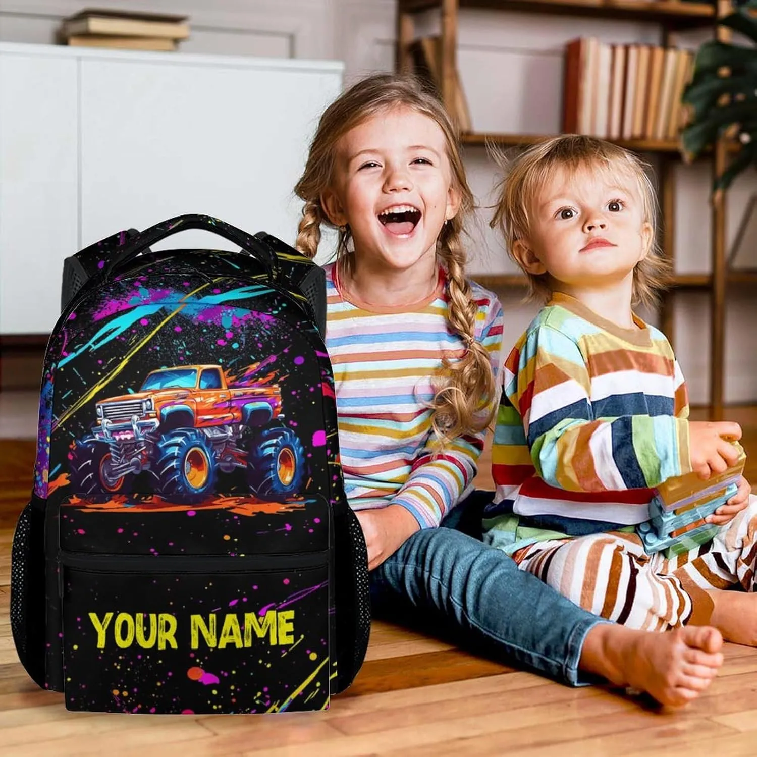 Personalized Truck Backpack for Teens, 17 Inch Colorful Backpacks for Primary School, Durable Bookbag for Kids