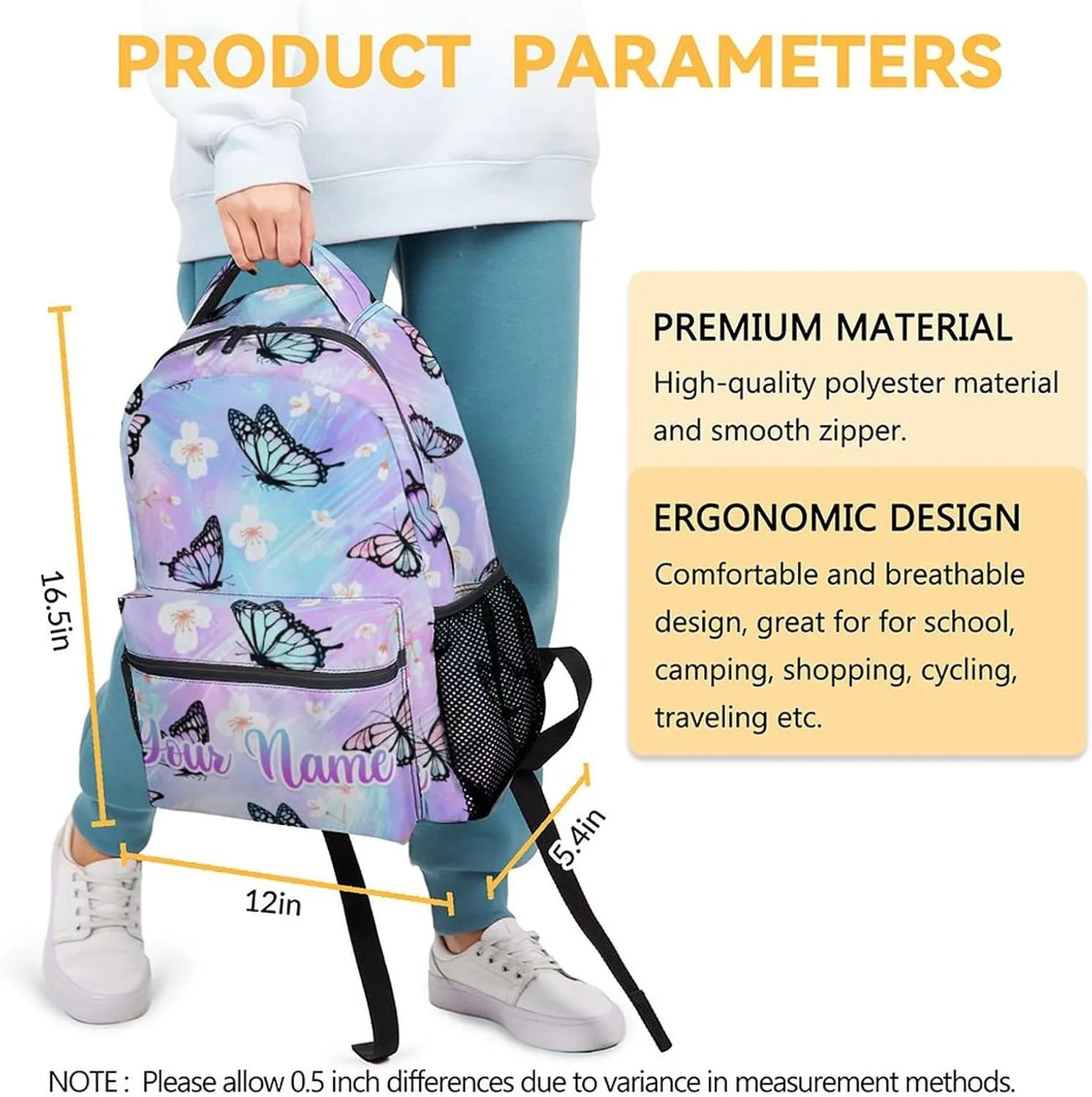 Personalized Youth Butterfly Backpack for School - 16 Inches Customized Colorful Backpacks for Teens Age 10-12 - Pretty Bookbag for Middle School