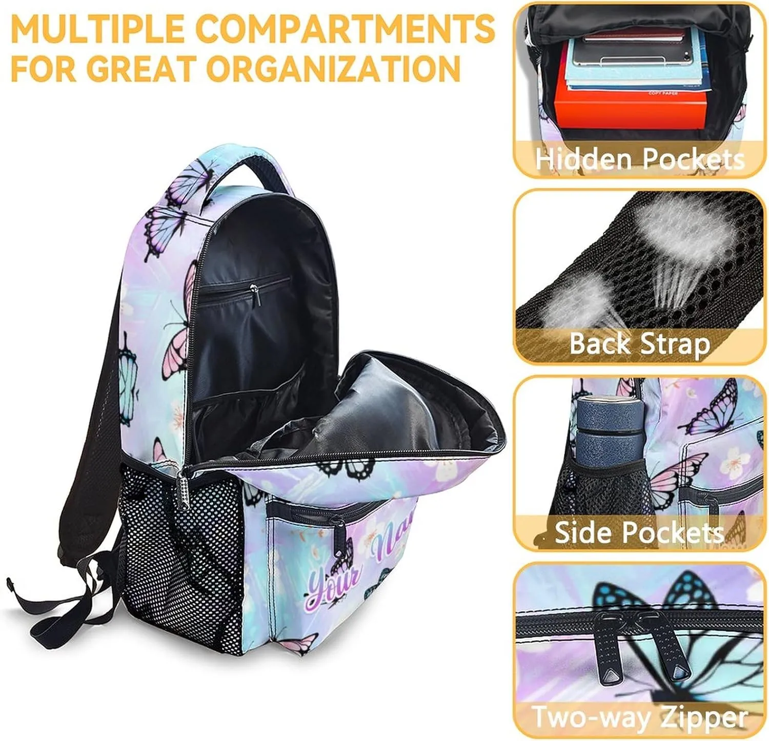 Personalized Youth Butterfly Backpack for School - 16 Inches Customized Colorful Backpacks for Teens Age 10-12 - Pretty Bookbag for Middle School