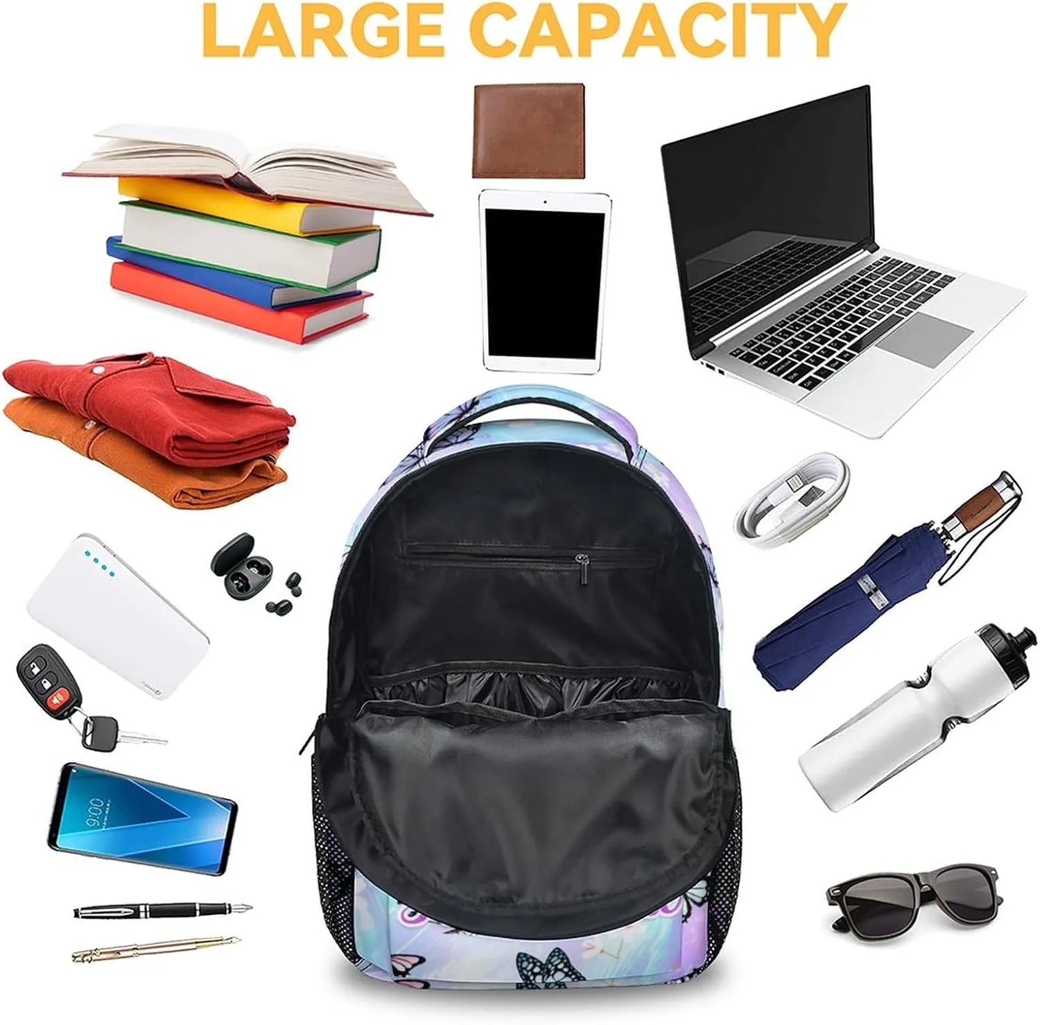 Personalized Youth Butterfly Backpack for School - 16 Inches Customized Colorful Backpacks for Teens Age 10-12 - Pretty Bookbag for Middle School